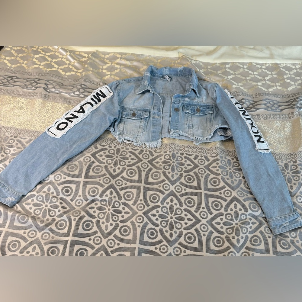 Denim Cropped Jacket with Bold Sleeve Text